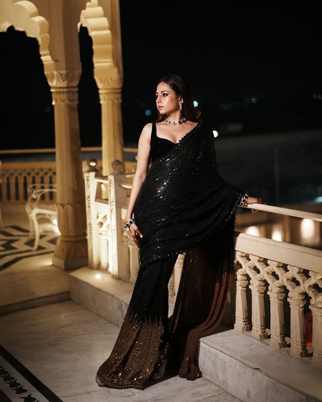 New Bollywood BlockBuster Sequins Georgette Saree Inspired by Sargun Mehta