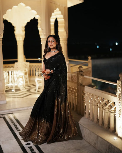 New Bollywood BlockBuster Sequins Georgette Saree Inspired by Sargun Mehta