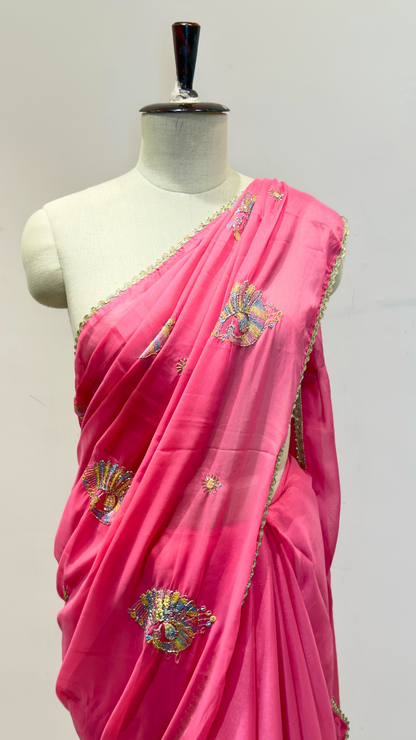 Banarashe Hot Pink Embroidered Saree with Multicolour Peacock Motifs & Golden Lace Border