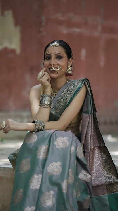 Semi Katan Zari Booti Saree – Slate Gray with Silver-Green Zari Border