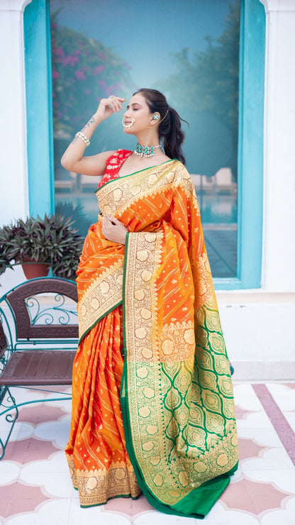 Haldi Noor Banarasi Silk Saree in Saffron Orange & Parrot Green with Gold Zari