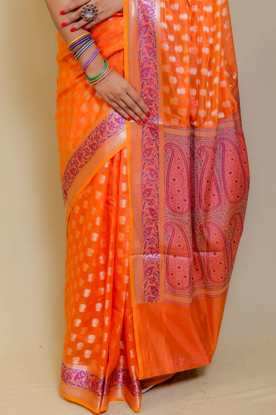 Radiant Orange Banarasi Italian Crepe Chinon Silk Saree with Paithani Style Pallu