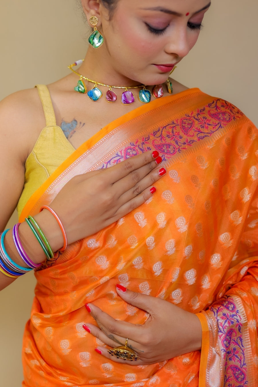 Radiant Orange Banarasi Italian Crepe Chinon Silk Saree with Paithani Style Pallu