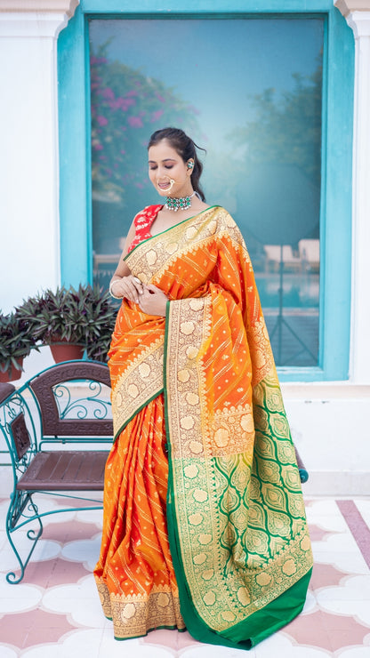 Haldi Noor Banarasi Silk Saree in Saffron Orange & Parrot Green with Gold Zari
