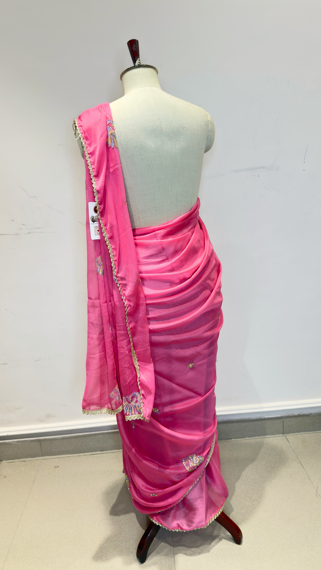 Banarashe Hot Pink Embroidered Saree with Multicolour Peacock Motifs & Golden Lace Border