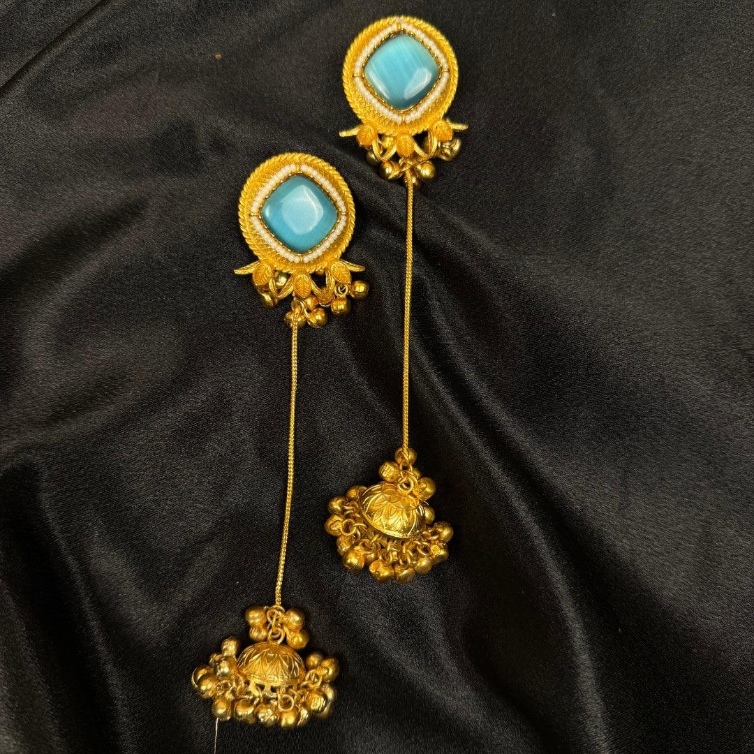 Earrings with Blue Stone, Long Chain Drop Danglers