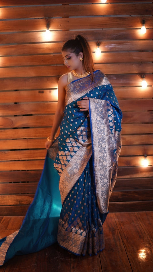 Peacock Blue Pure Katan Silk Banarasi Saree