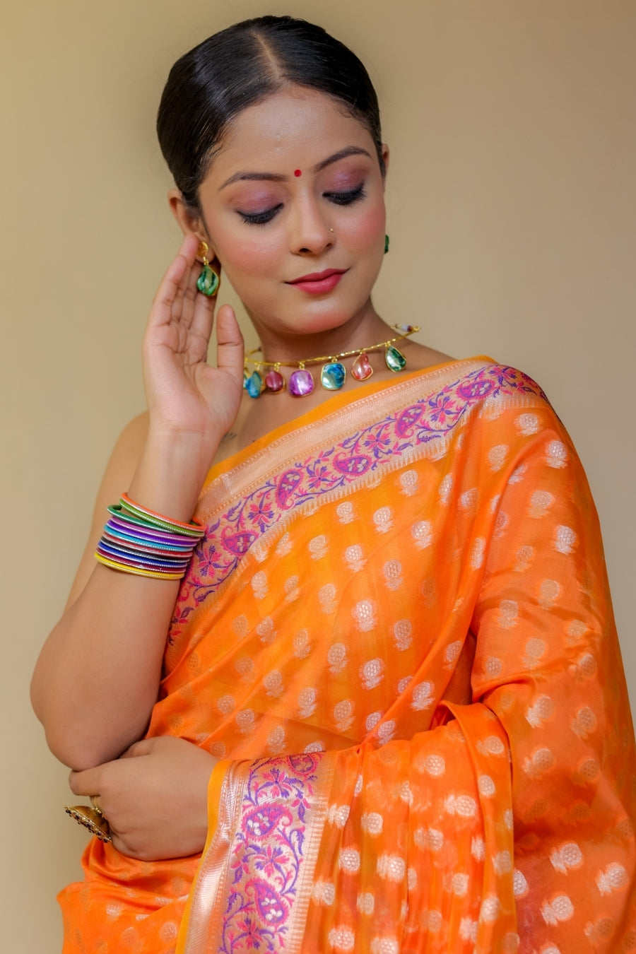 Radiant Orange Banarasi Italian Crepe Chinon Silk Saree with Paithani Style Pallu