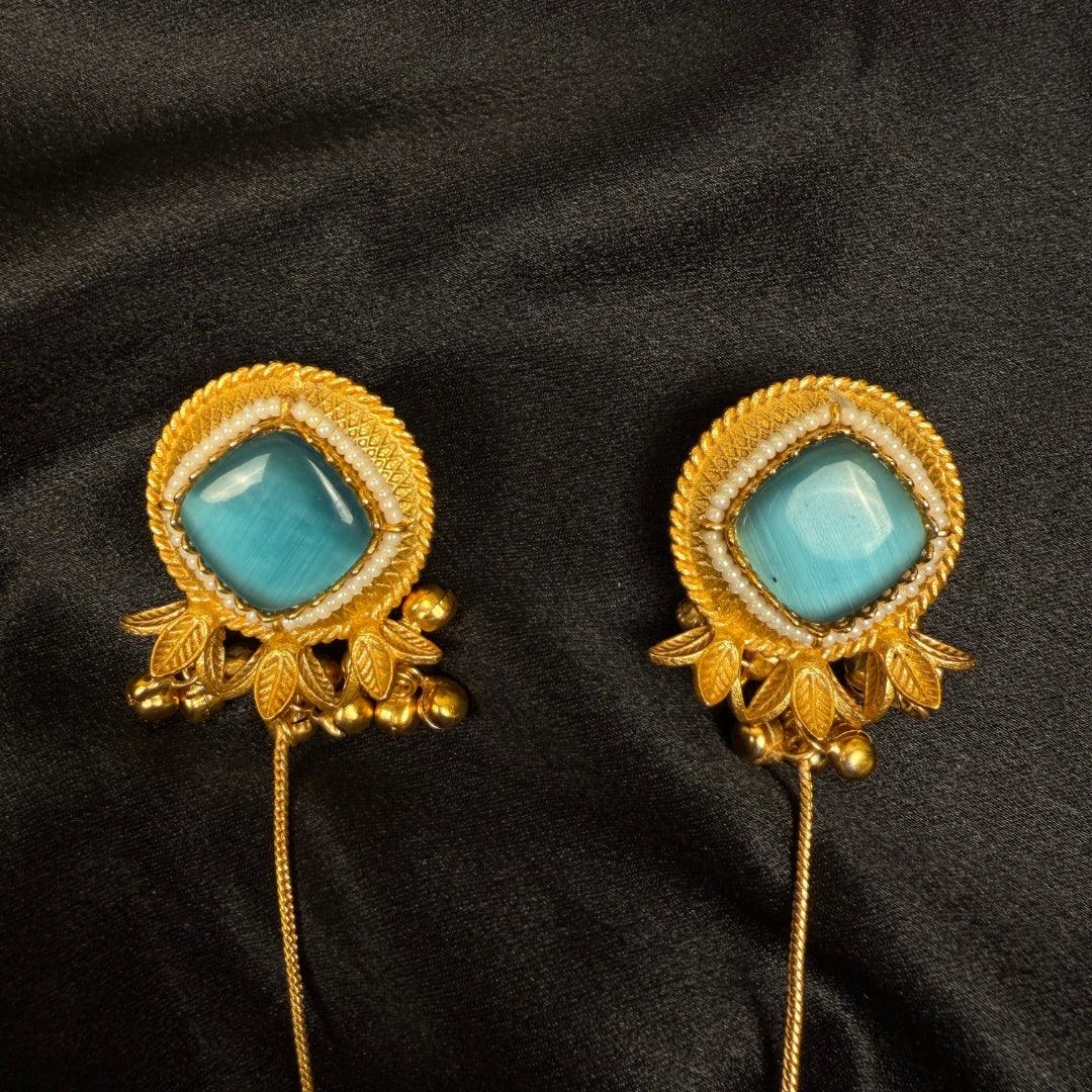 Earrings with Blue Stone, Long Chain Drop Danglers