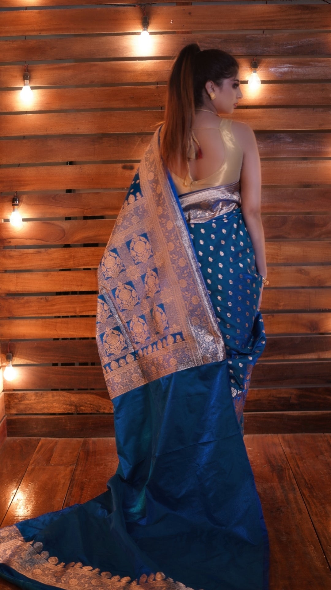 Peacock Blue Pure Katan Silk Banarasi Saree