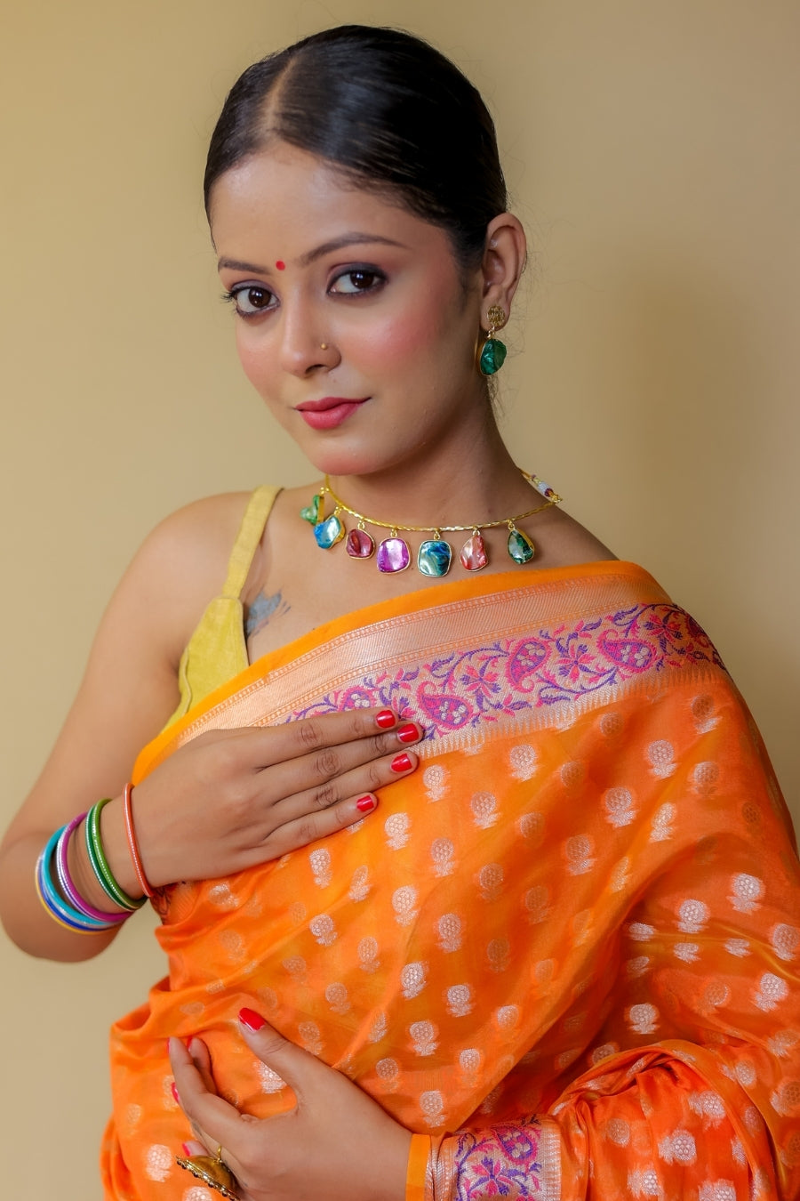 Radiant Orange Banarasi Italian Crepe Chinon Silk Saree with Paithani Style Pallu