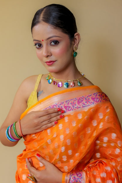 Radiant Orange Banarasi Italian Crepe Chinon Silk Saree with Paithani Style Pallu
