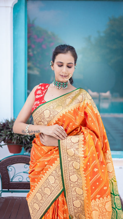 Haldi Noor Banarasi Silk Saree in Saffron Orange & Parrot Green with Gold Zari