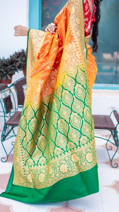 Haldi Noor Banarasi Silk Saree in Saffron Orange & Parrot Green with Gold Zari