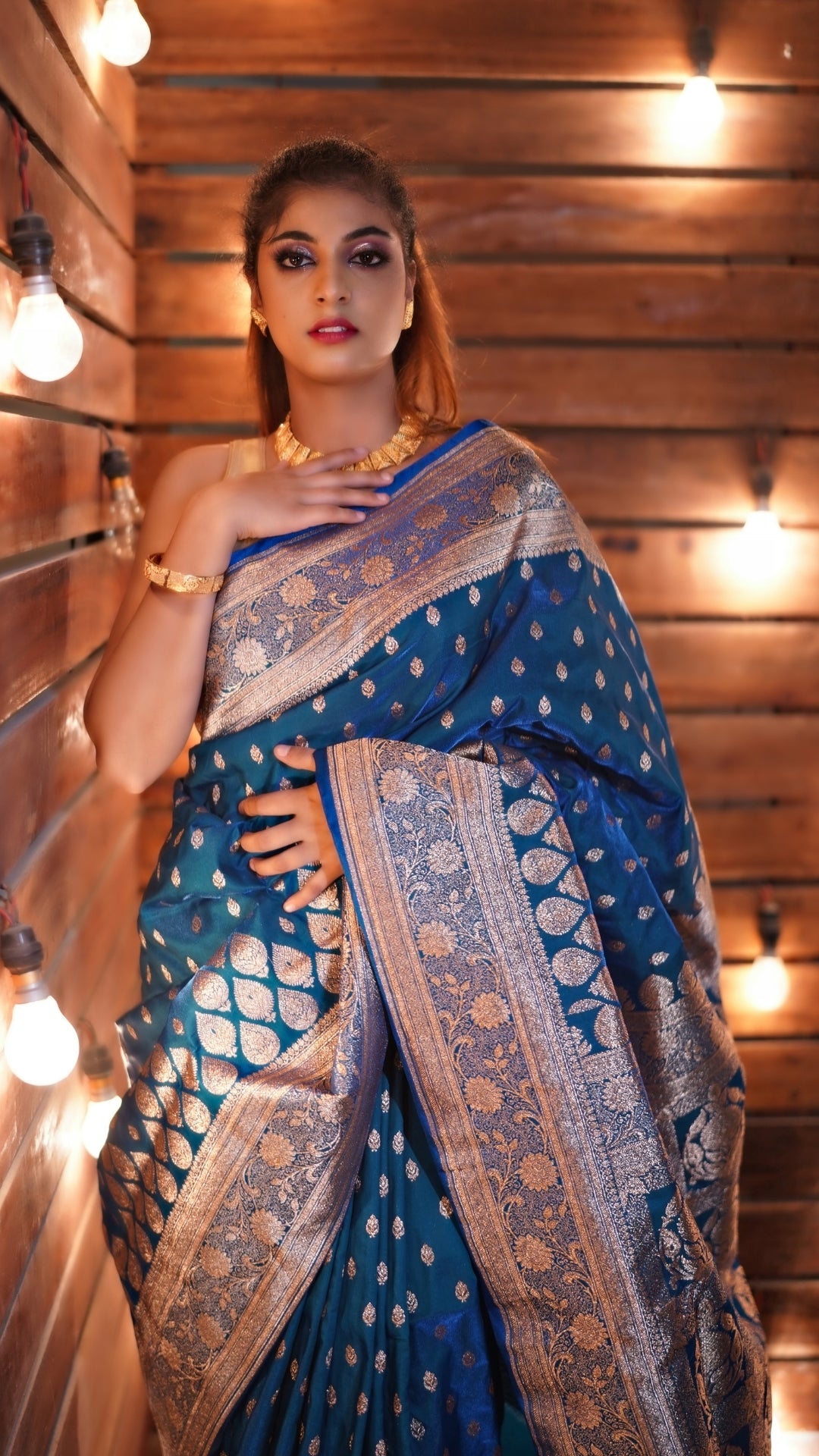Peacock Blue Pure Katan Silk Banarasi Saree