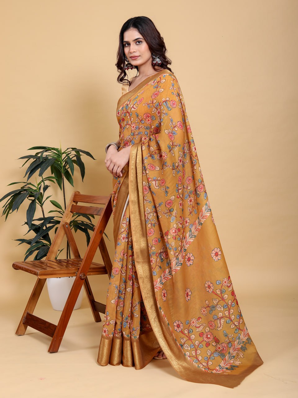 Elegant Mustard Yellow Floral Print Saree with Broad Zari Border