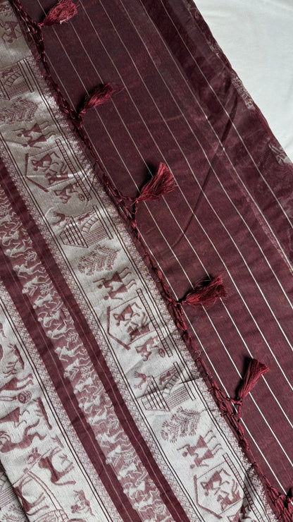 Banarashe Maroon Banarasi Cotton Saree with Elaborate Aachal Work