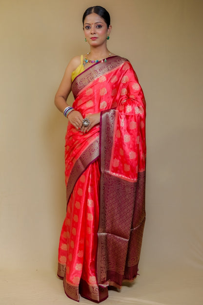 Luxurious Red/Rani Pink Banarasi Katan Satin Mashru Silk Saree with Contrast