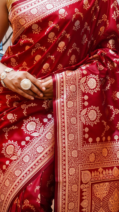 Deep Cherry Red Banarasi Silk Saree with Classic Gold Zari