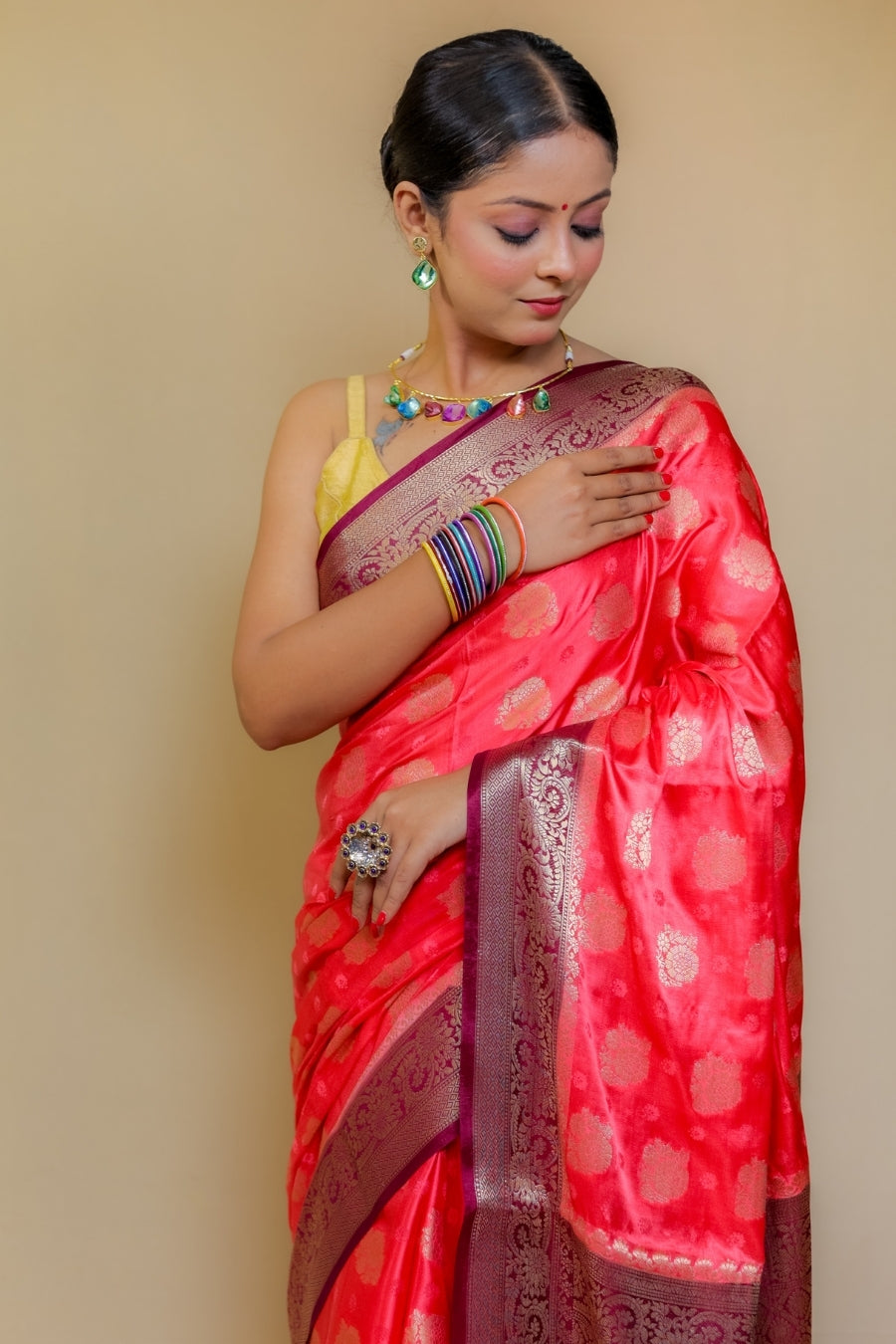 Luxurious Red/Rani Pink Banarasi Katan Satin Mashru Silk Saree with Contrast