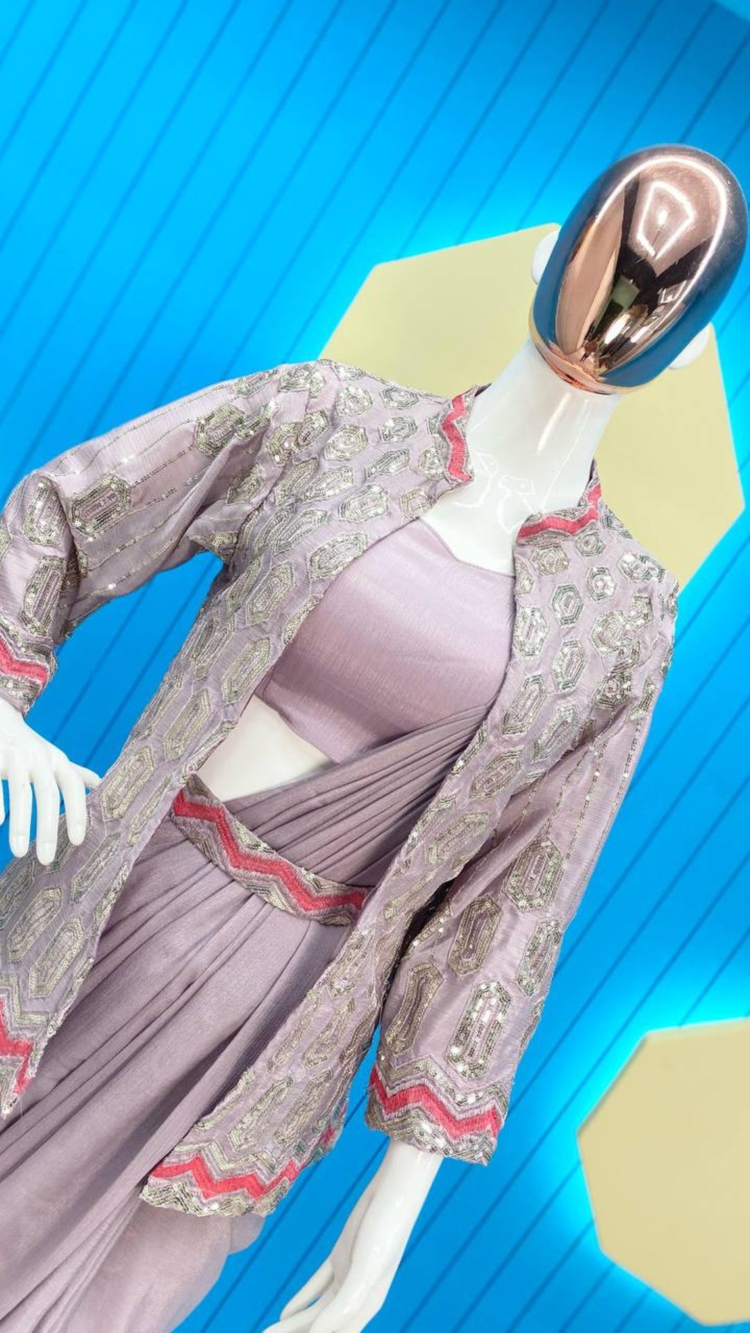 Lavender & Peach Pre-Draped Saree with Embellished Shrug