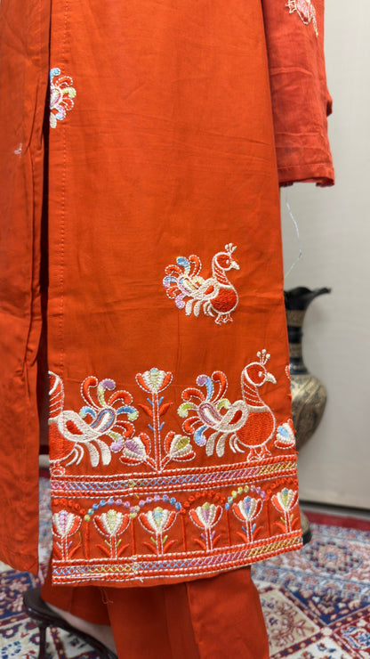 Women’s Orange Pure Cotton Embroidered Kurta Pant & Dupatta Set