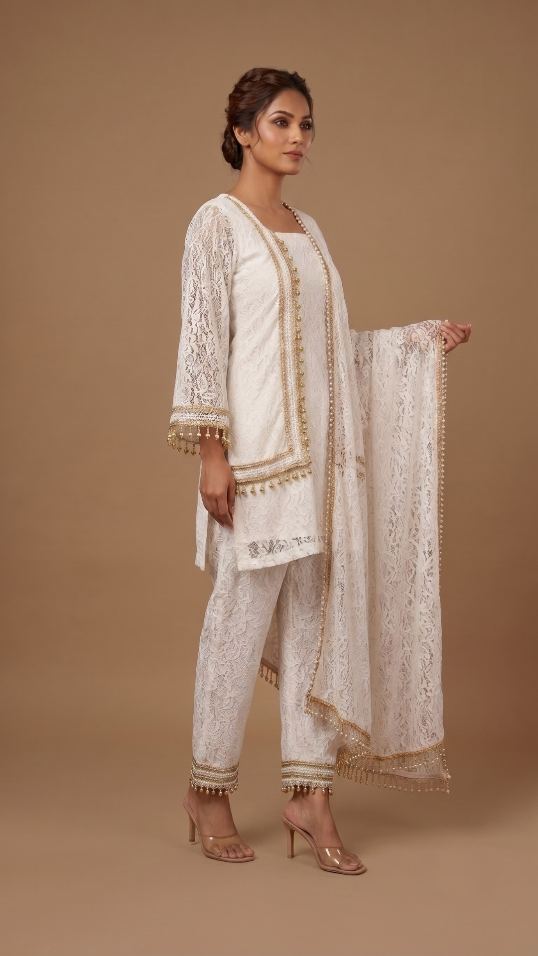 Banarashe Women’s Ivory White Lace-Textured Kurta with Straight Pants and Dupatta Set