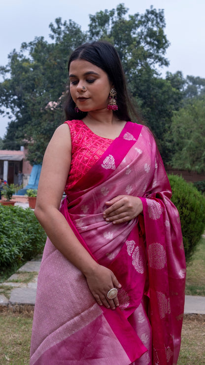 Deep Pink Pure Katan Silk Saree