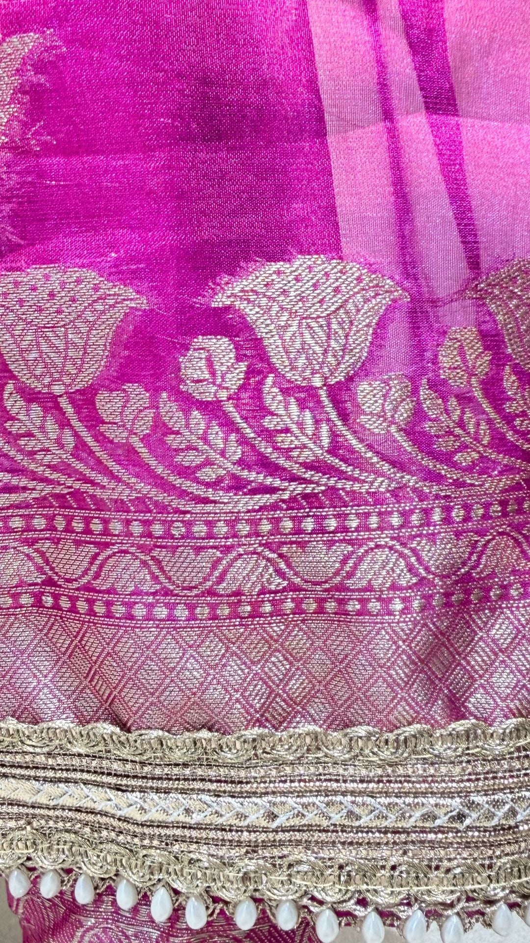Rani Pink Tissue Saree with Moti Lace Border