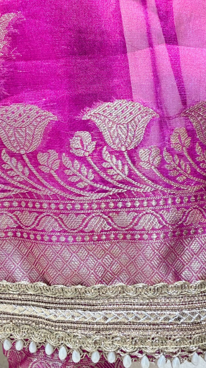 Rani Pink Tissue Saree with Moti Lace Border