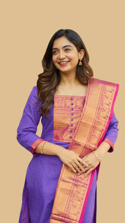 Purple Banarasi Kurta Pant Set with Banarasi Jacquard Dupatta for Women
