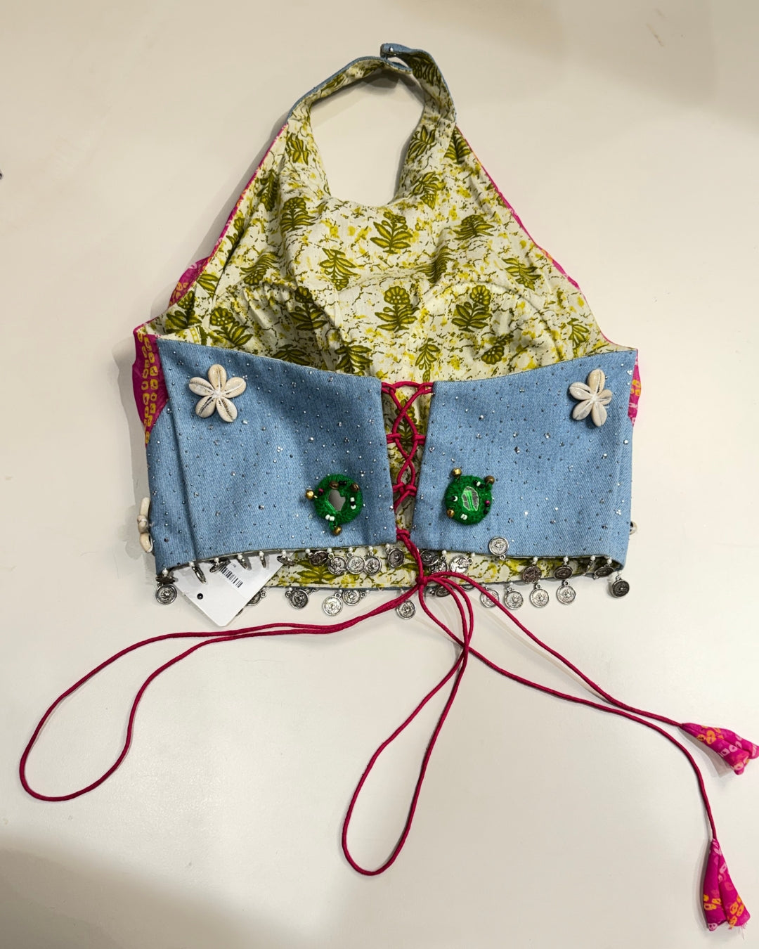 Pink Bandhani Halter Neck Blouse with Denim Detail & Shell work