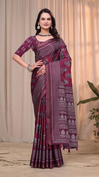 Elegant Wine Mal Cotton Saree with Designer Blouse Piece