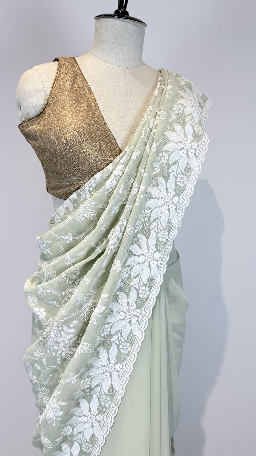 Mint Green Semi Chikankari Saree for Women with Floral Embroidery
