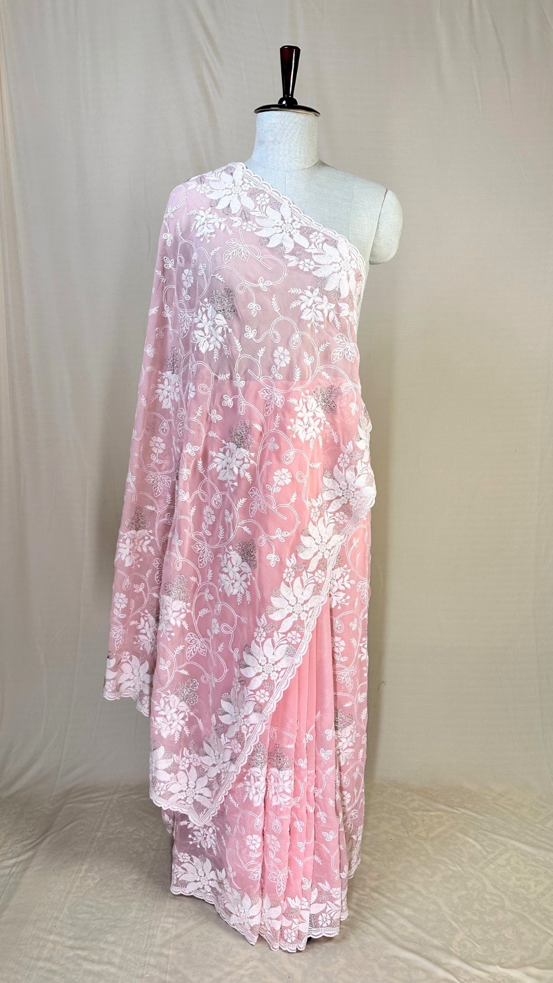 Elegant pink chikankari Saree with White Floral Embroidery