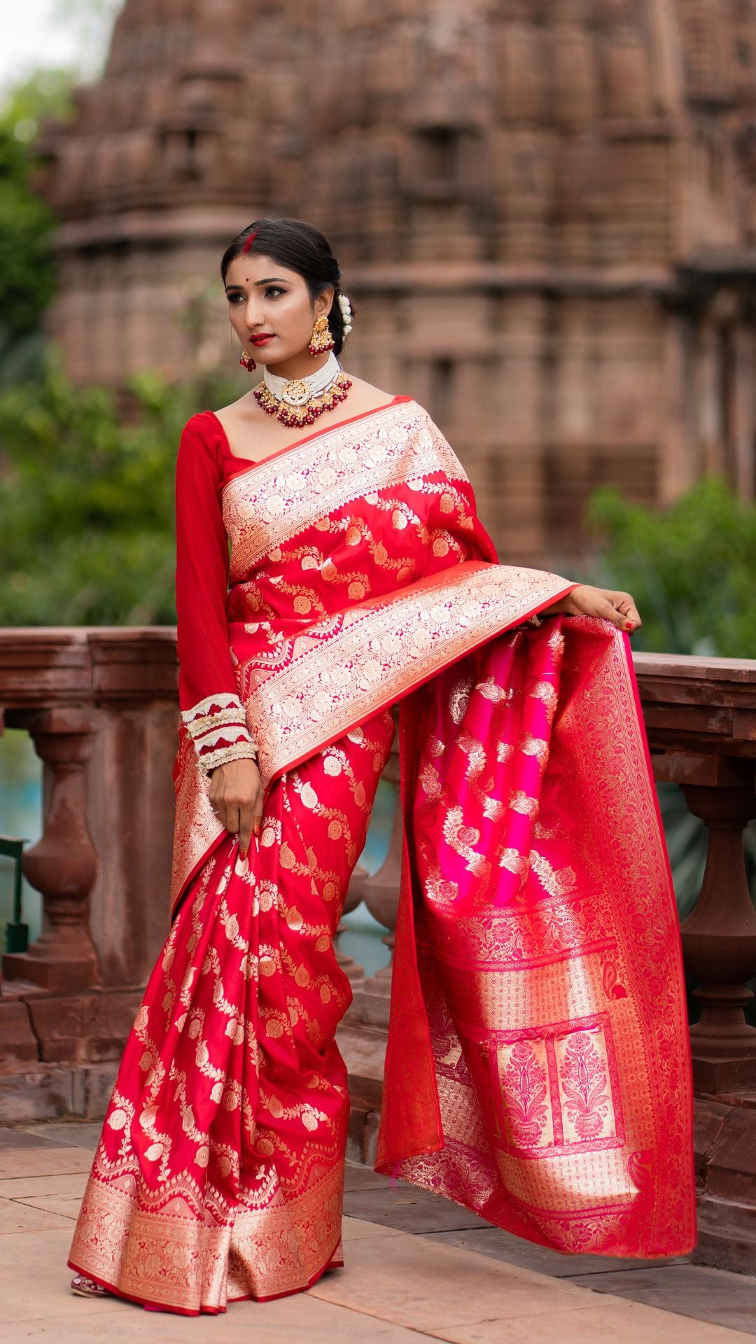 Durga Puja Special Red Banarasi Katan Silk Saree