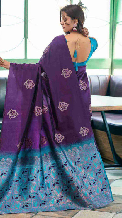 Purple Soft Lichi Silk Saree with Rich Teal Jacquard Pallu & Contrast Blouse