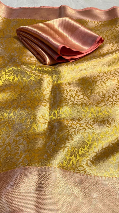 Premium Gold Banarasi Tissue Saree with Contrast Zari Tanchui Weaving & Brocade Blouse