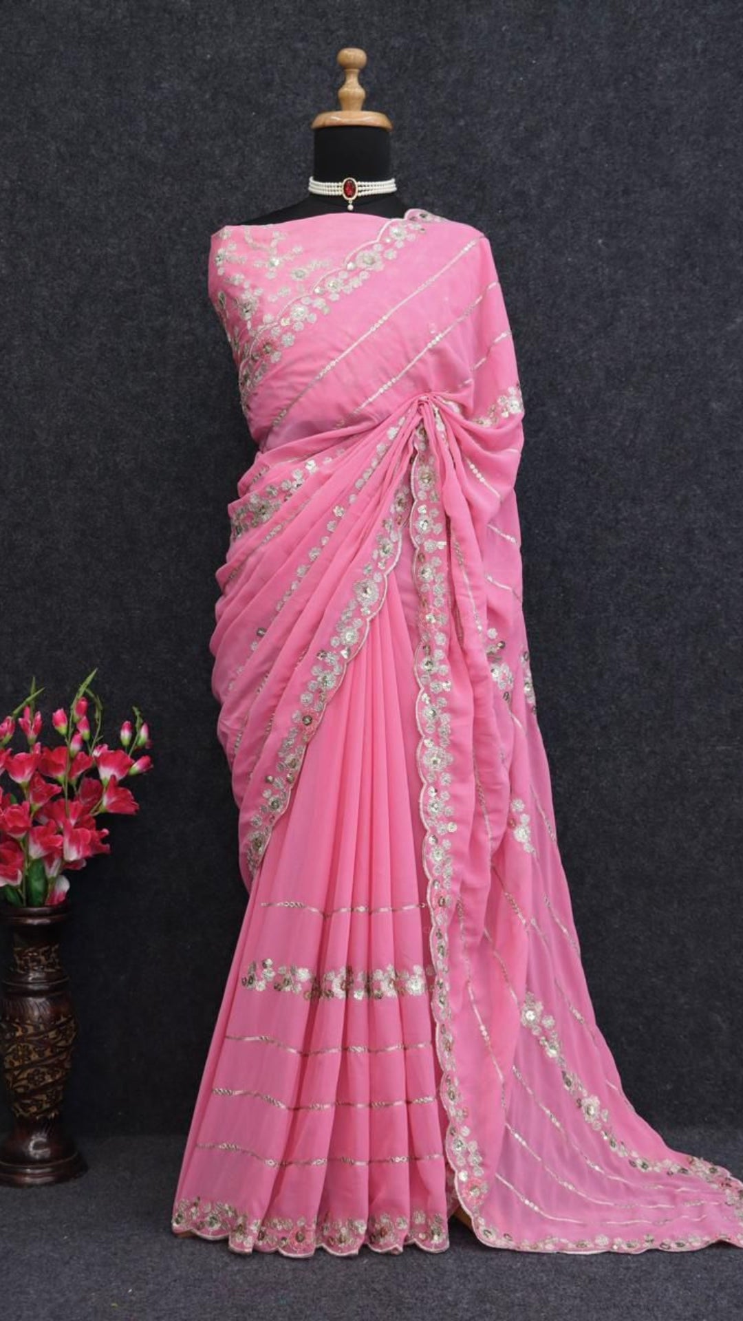 Pink Georgette C-Pallu Saree with Cut-Work