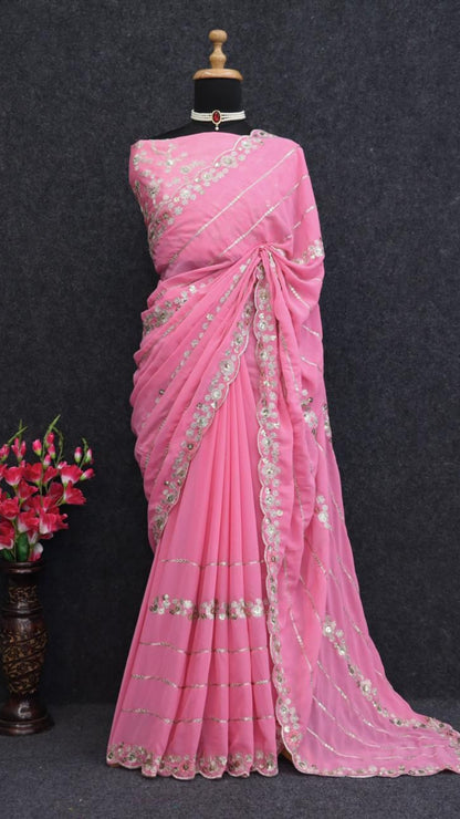 Pink Georgette C-Pallu Saree with Cut-Work
