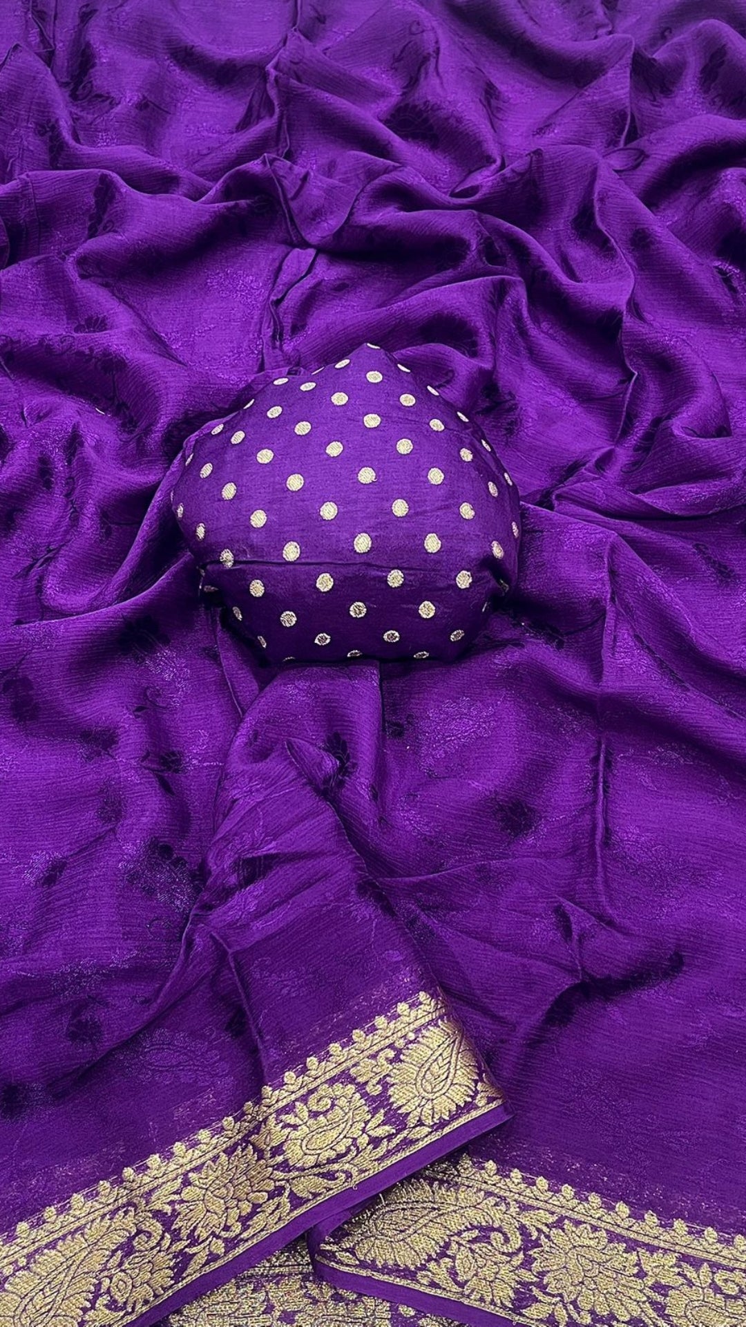 Royal Purple Pure Chinon Chiffon Saree with Antique Zari Weaving Border