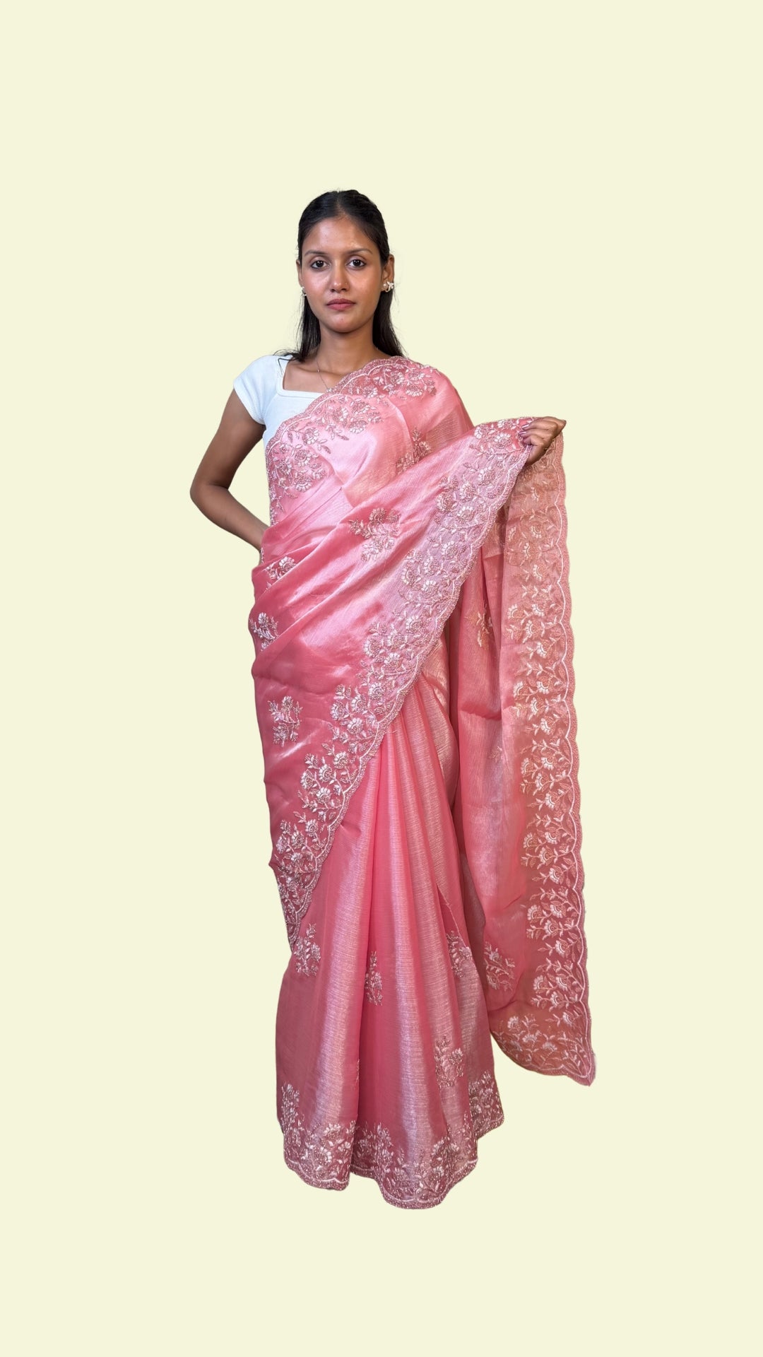 Rose Pink Floral Embroidered Crape Silk Saree