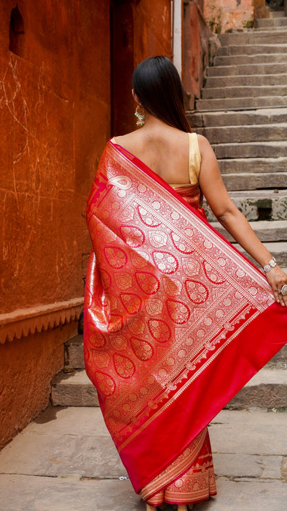 Pure Banarasi Red Flame Katan Silk Saree