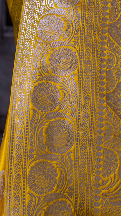 Yellow Floral Katan Mashru Silk Saree