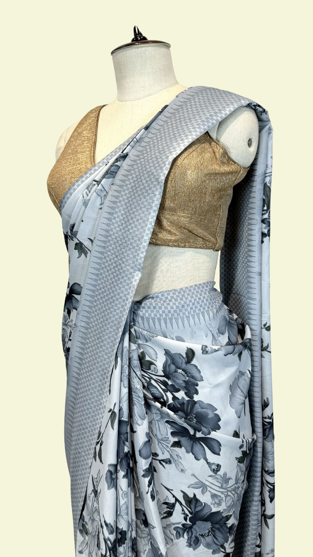 Icy Blue Floral Print Synthetic Saree