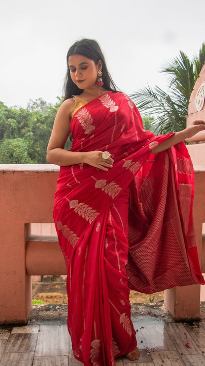 Scarlet Red Semi Raw Mango Katan Silk Saree