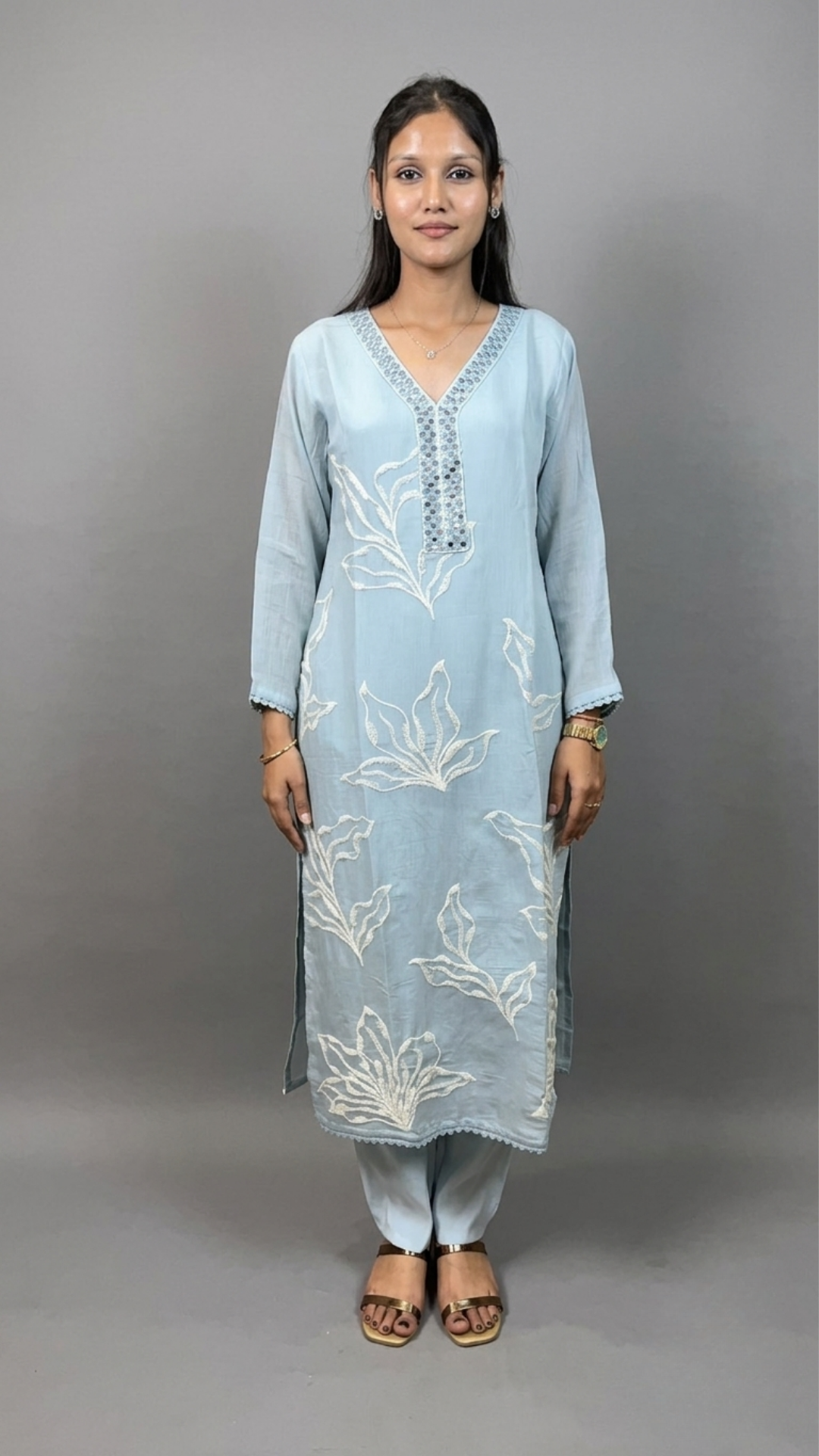 Royal Ice Blue Silk-Blend Suit with Mirror Work Neckline