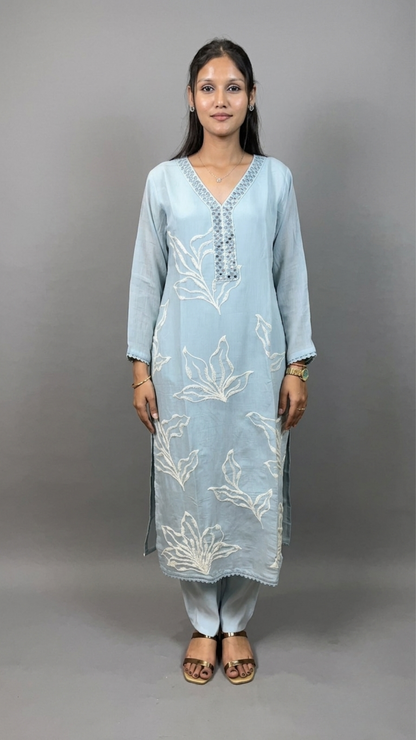 Royal Ice Blue Silk-Blend Suit with Mirror Work Neckline