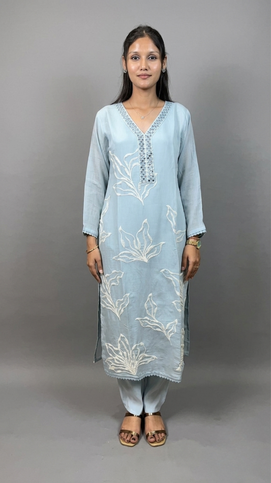 Royal Ice Blue Silk-Blend Suit with Mirror Work Neckline