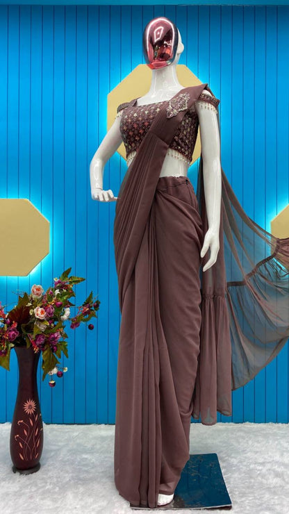 Deep Coffee Brown Ready-to-Wear Georgette Saree